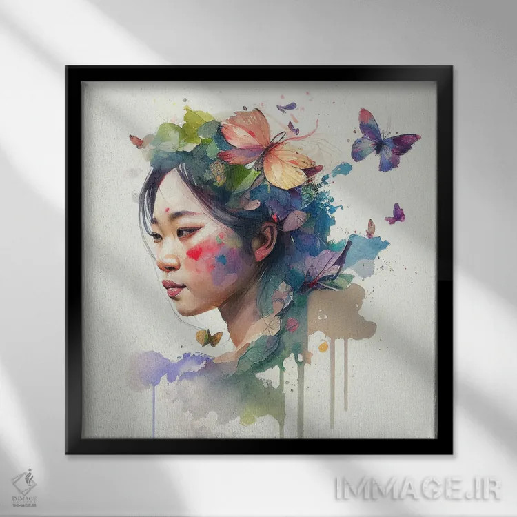 تابلو زن آسیایی گلدار آبرنگی VII اثر استودیو کروماتیک فیوژن - نمای قابدار مشکی