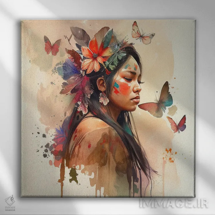 تابلو زن بومی هندی گلدار آبرنگی VIII اثر استودیو کروماتیک فیوژن - نمای روبهرو روی دیوار