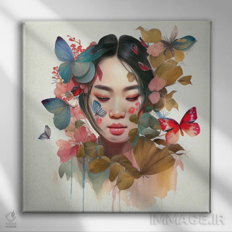 تابلو زن آسیایی گلدار آبرنگی IX اثر استودیو کروماتیک فیوژن - نمای روبهرو روی دیوار