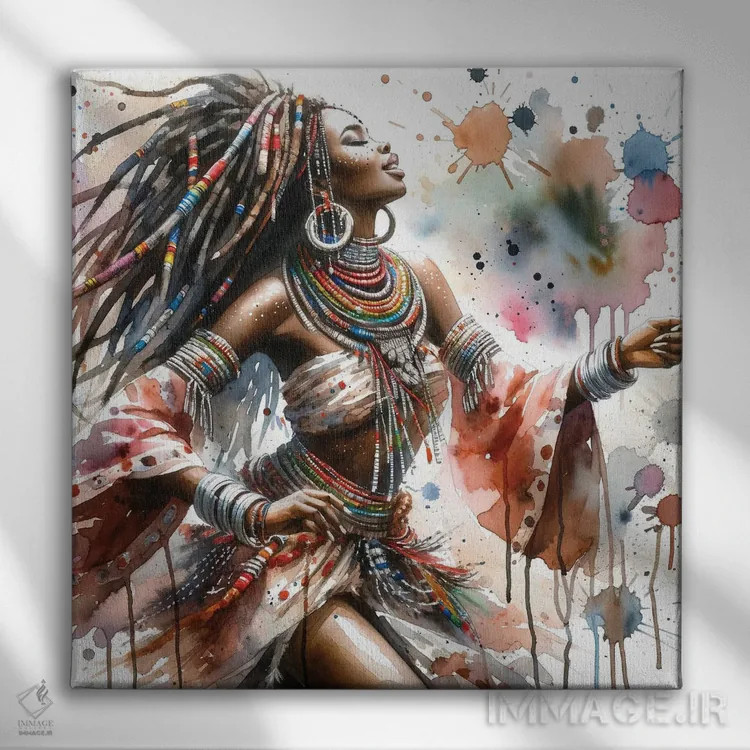 تابلو رقصنده آفریقایی آبرنگی II اثر استودیو کروماتیک فیوژن - نمای روبهرو روی دیوار