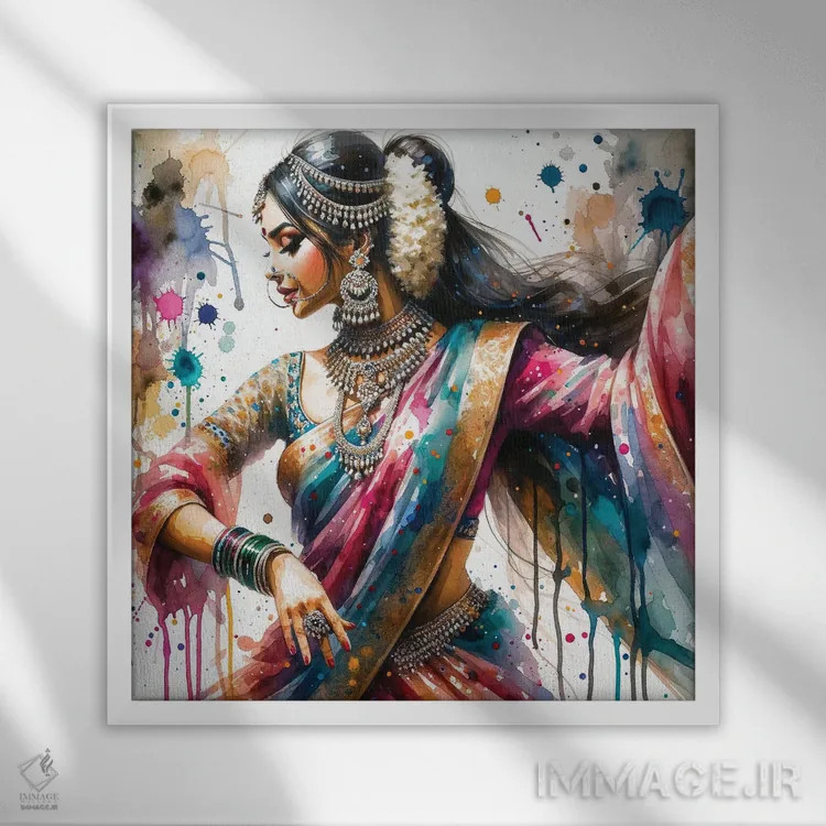 تابلو زن رقصنده هندی آبرنگی I اثر استودیو کروماتیک فیوژن - نمای قابدار سفید