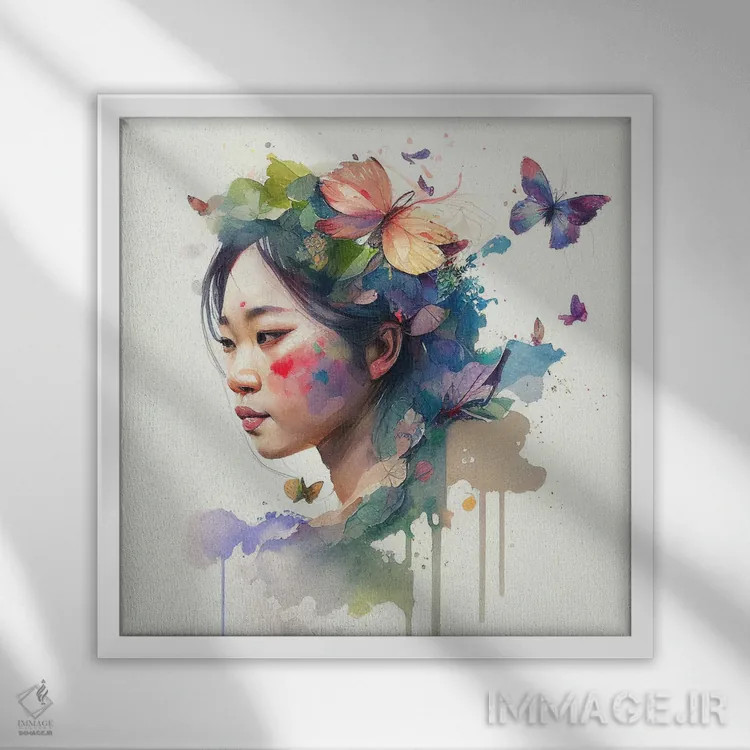تابلو زن آسیایی گلدار آبرنگی VII اثر استودیو کروماتیک فیوژن - نمای قابدار سفید