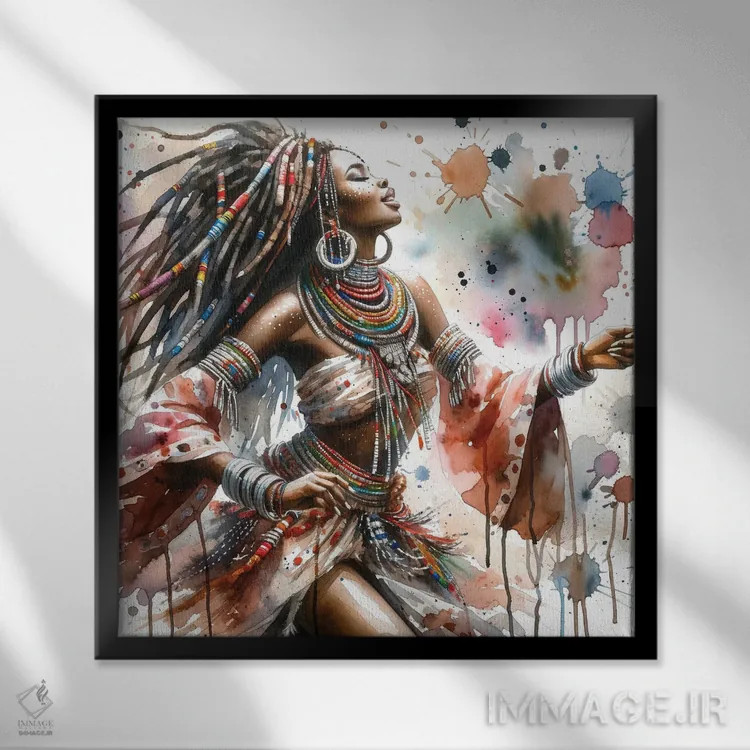 تابلو رقصنده آفریقایی آبرنگی II اثر استودیو کروماتیک فیوژن - نمای قابدار مشکی