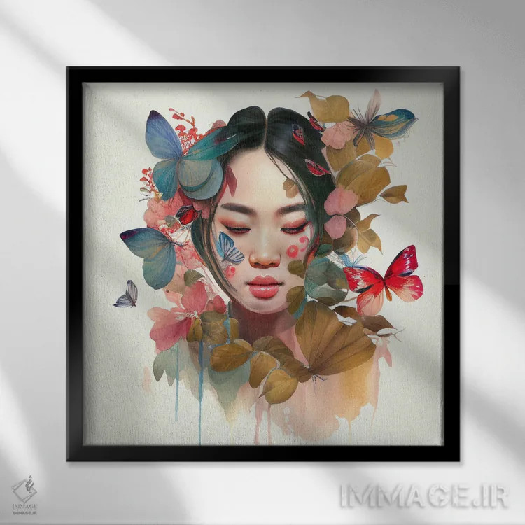 تابلو زن آسیایی گلدار آبرنگی IX اثر استودیو کروماتیک فیوژن - نمای قابدار مشکی
