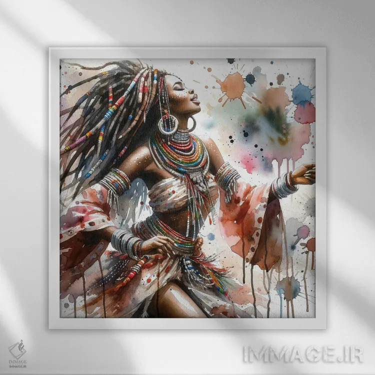تابلو رقصنده آفریقایی آبرنگی II اثر استودیو کروماتیک فیوژن - نمای قابدار سفید