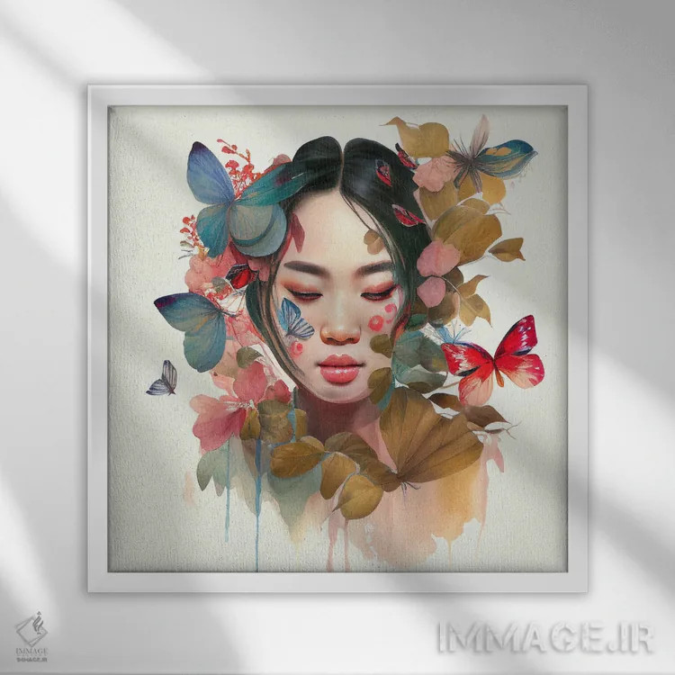 تابلو زن آسیایی گلدار آبرنگی IX اثر استودیو کروماتیک فیوژن - نمای قابدار سفید