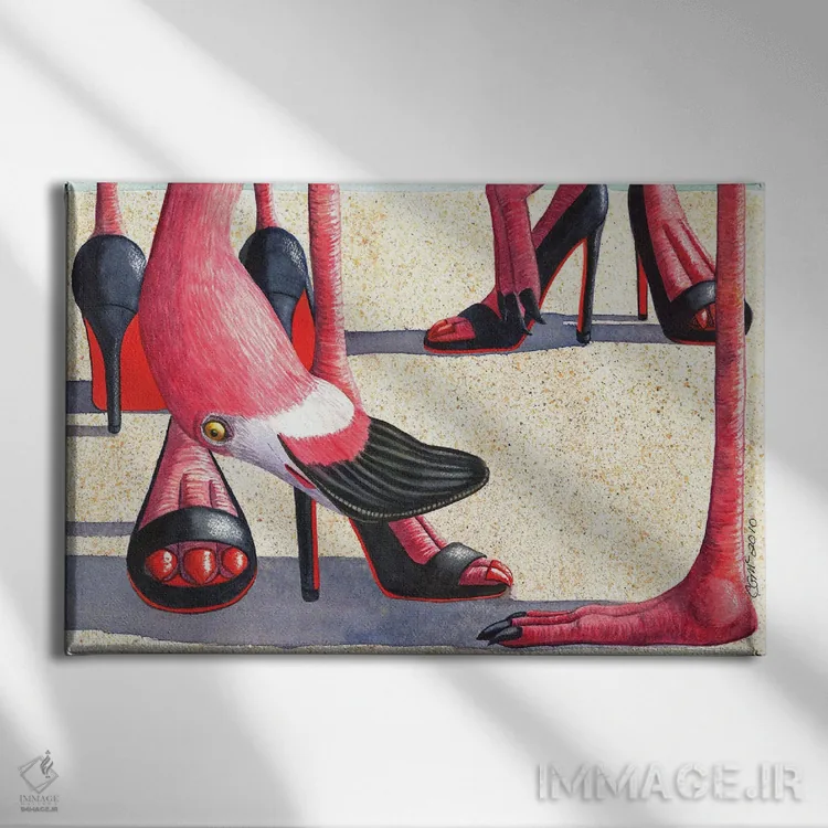 تابلو پاشنههای فلامینگو (کفش فانتزی) اثر کترین جی مکالروی - نمای روبهرو روی دیوار