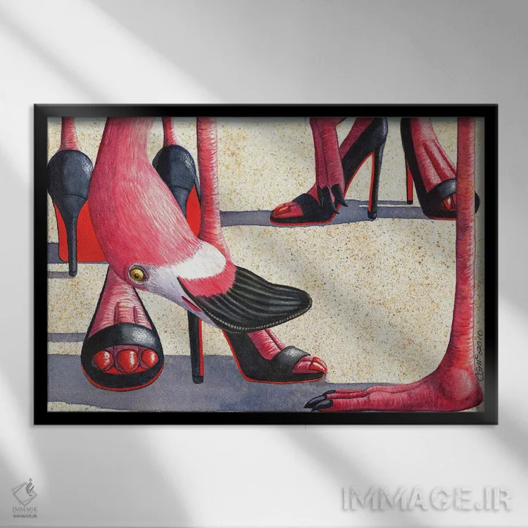 تابلو پاشنههای فلامینگو (کفش فانتزی) اثر کترین جی مکالروی - نمای قابدار مشکی