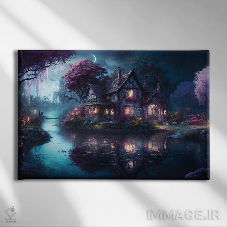 تابلو خانهٔ دریاچهای در شب اثر کامرون گری - نمای روبهرو روی دیوار