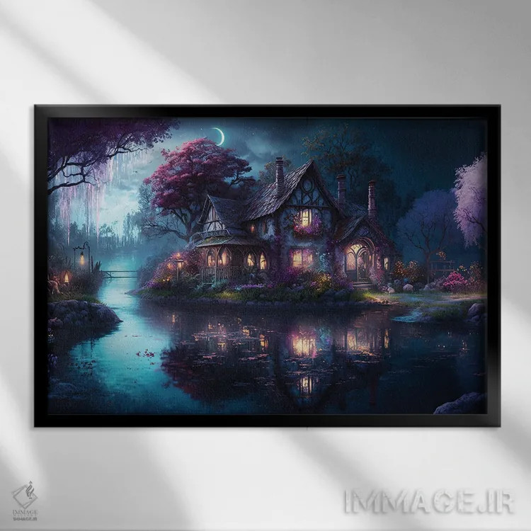 تابلو خانهٔ دریاچهای در شب اثر کامرون گری - نمای قابدار مشکی