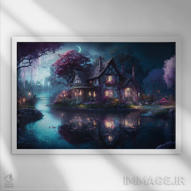 تابلو خانهٔ دریاچهای در شب اثر کامرون گری - نمای قابدار سفید