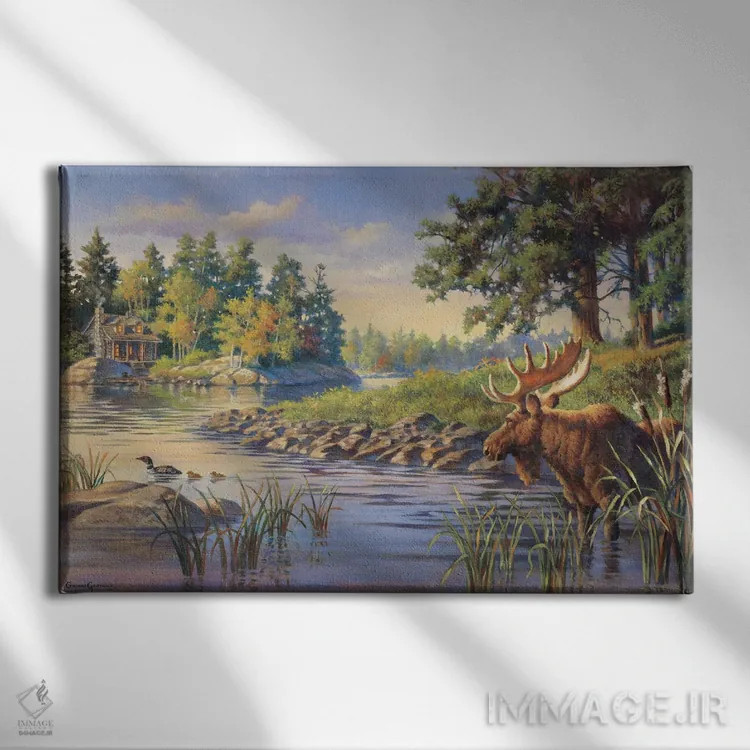 تابلو صحنه کلبه با گوزن شمالی اثر کربرت گوتیه - نمای روبهرو روی دیوار