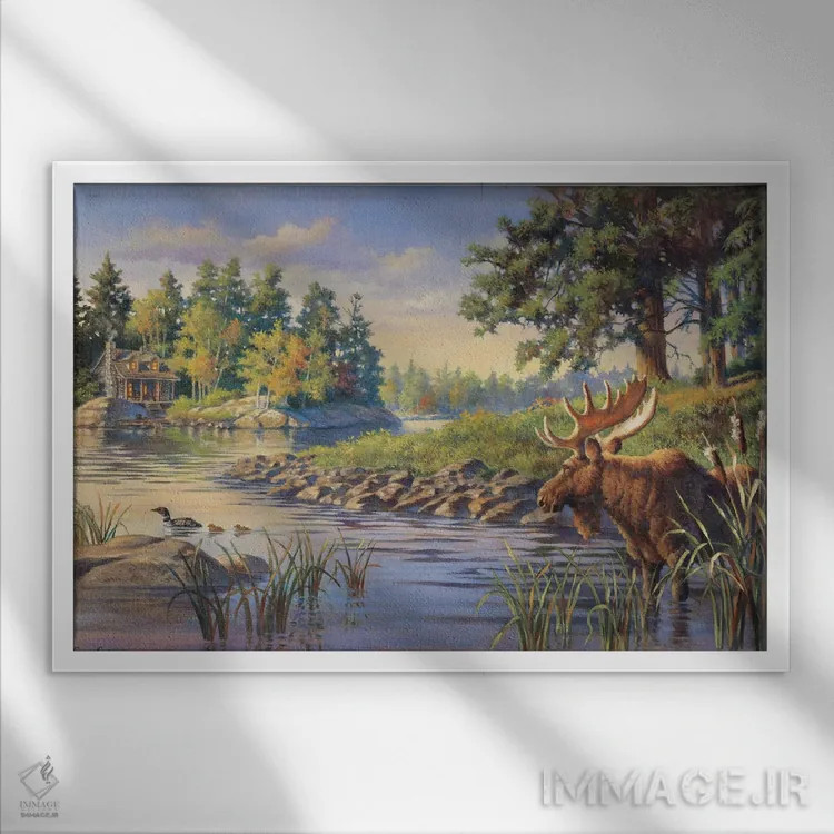 تابلو صحنه کلبه با گوزن شمالی اثر کربرت گوتیه - نمای قابدار سفید