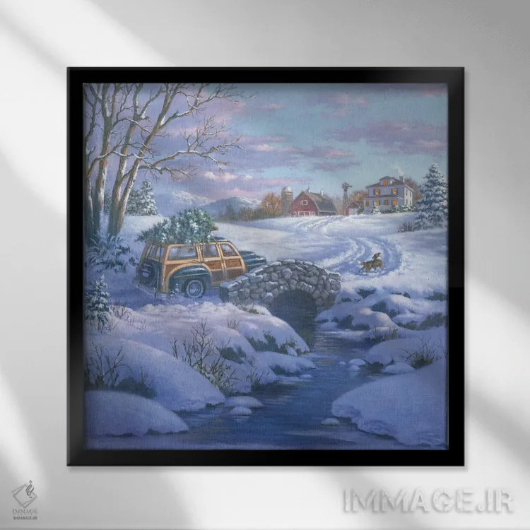 تابلو صحنه مزرعه با واگن چوبی اثر کربرت گوتیه - نمای قابدار مشکی