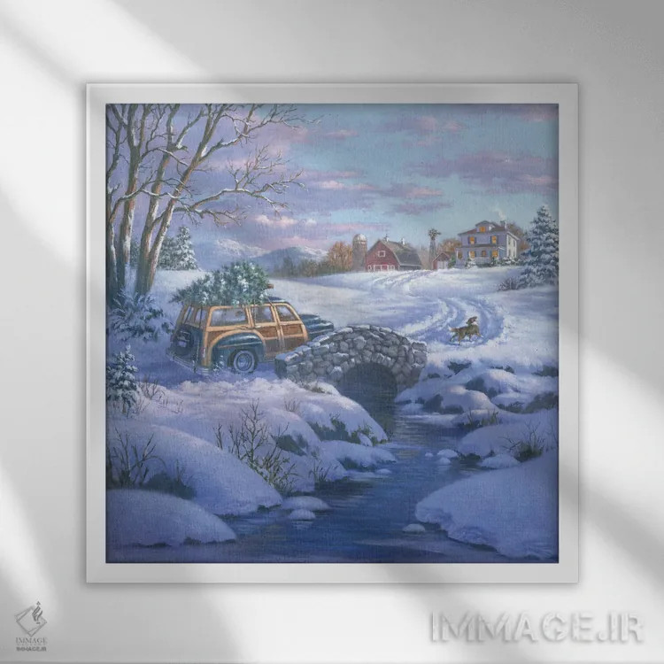 تابلو صحنه مزرعه با واگن چوبی اثر کربرت گوتیه - نمای قابدار سفید