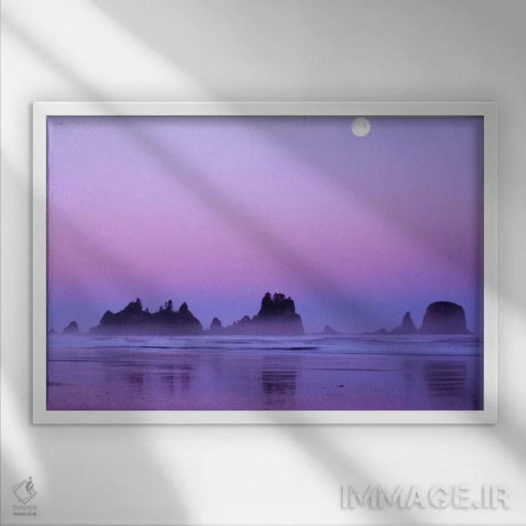 تابلو غروب باشکوه با ماه کامل، نقطه قوسها، ساحل شیشی، پارک ملی المپیک، واشنگتن، آمریکا اثر چارلز گرچ - نمای قابدار سفید