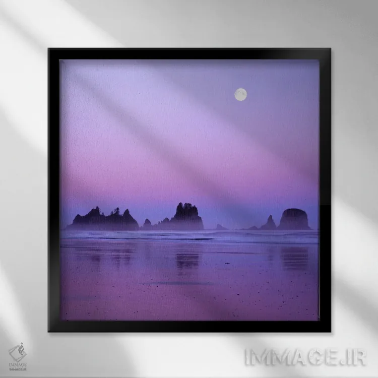 تابلو ماه کامل در غروب، نقطه قوسها، ساحل شیشی، پارک ملی المپیک، واشنگتن، آمریکا اثر چارلز گرچ - نمای قابدار مشکی