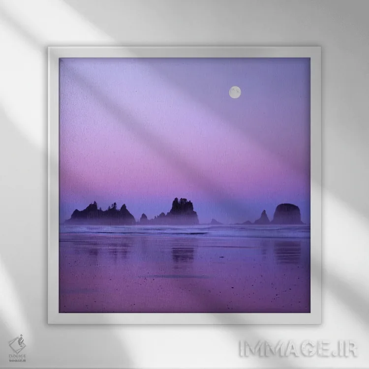 تابلو ماه کامل در غروب، نقطه قوسها، ساحل شیشی، پارک ملی المپیک، واشنگتن، آمریکا اثر چارلز گرچ - نمای قابدار سفید