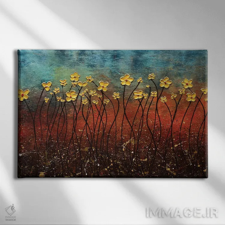 تابلو گلهای طلایی اثر کارمن گودز - نمای روبهرو روی دیوار