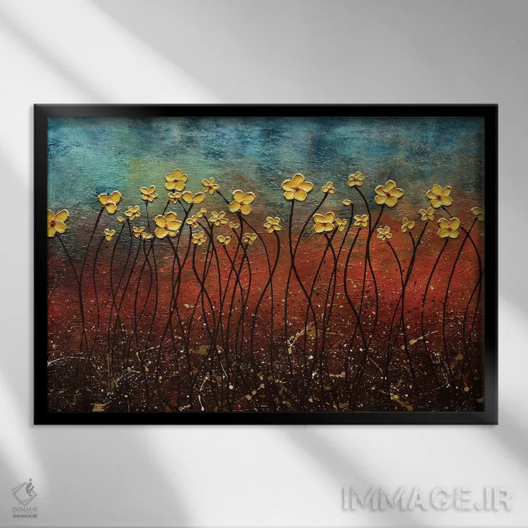 تابلو گلهای طلایی اثر کارمن گودز - نمای قابدار مشکی