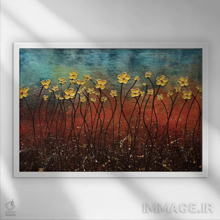 تابلو گلهای طلایی اثر کارمن گودز - نمای قابدار سفید