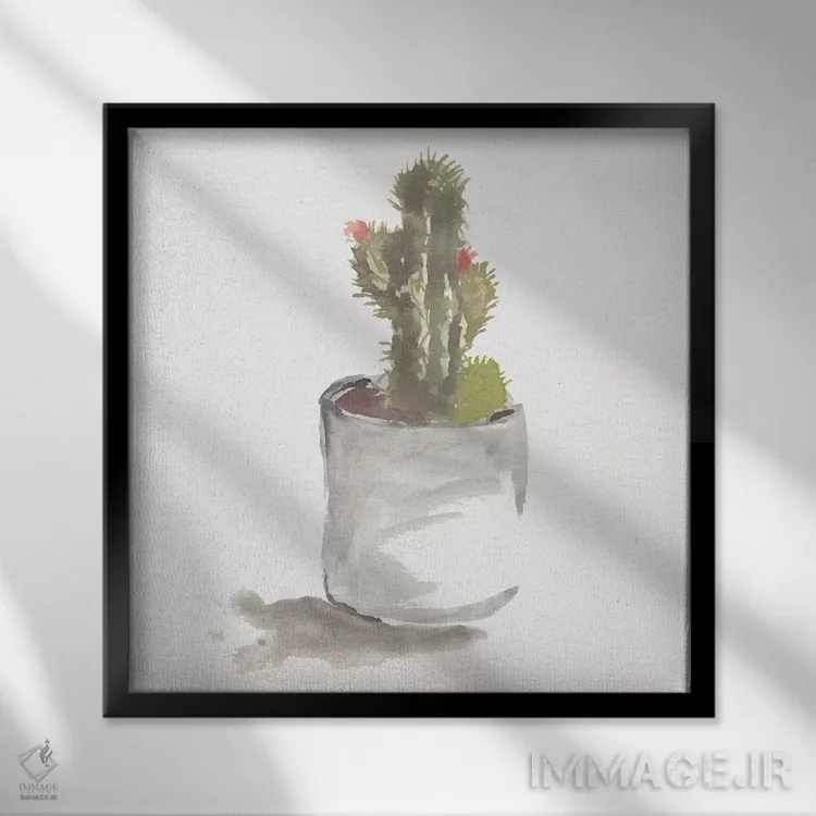 تابلو طبیعت بیجان کاکتوس آبرنگی ۲ اثر مارسی چپمن - نمای قابدار مشکی