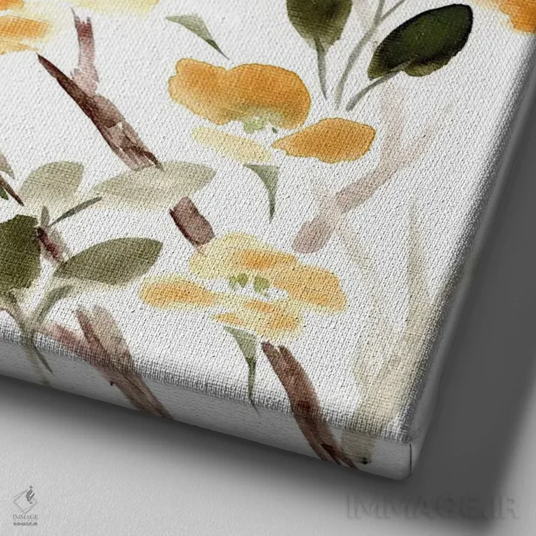 تابلو شکوفههای زرد با طراحی خطی اثر مارسی چپمن - نمای نزدیک بافت بوم