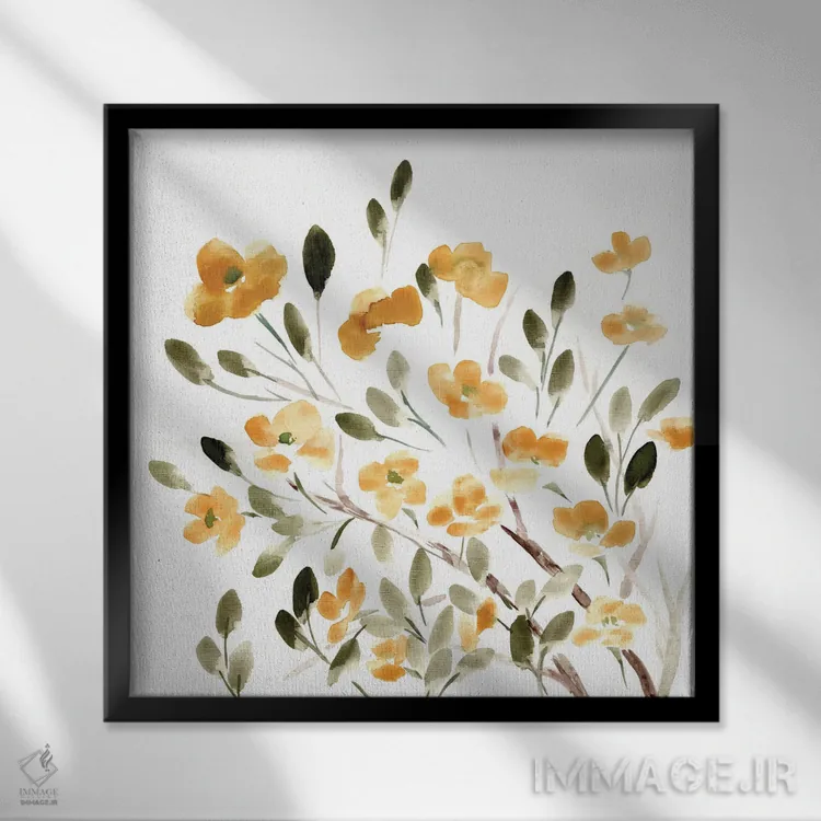 تابلو شکوفههای زرد با طراحی خطی اثر مارسی چپمن - نمای قابدار مشکی