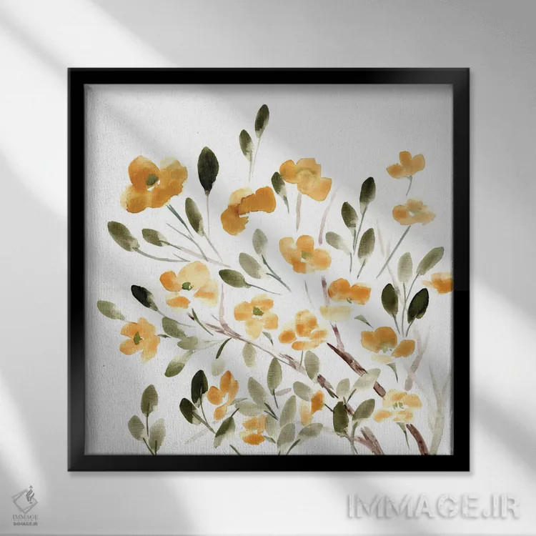 تابلو شکوفههای زرد با طراحی خطی اثر مارسی چپمن - نمای قابدار مشکی