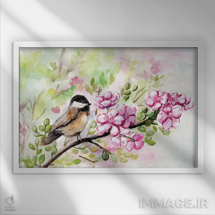 تابلو چیکادی بهاری و شکوفههای سیب اثر مارسی چپمن - نمای قابدار سفید