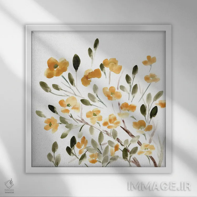 تابلو شکوفههای زرد با طراحی خطی اثر مارسی چپمن - نمای قابدار سفید
