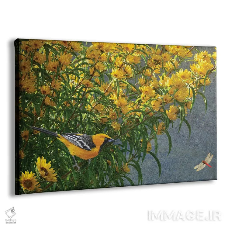 تابلو بلبل گلهای زرد اثر کریستوفر وست - نمای پرسپکتیو محصول