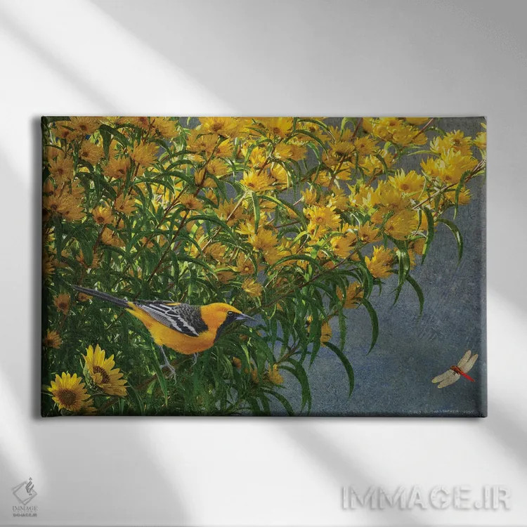 تابلو بلبل گلهای زرد اثر کریستوفر وست - نمای روبهرو روی دیوار