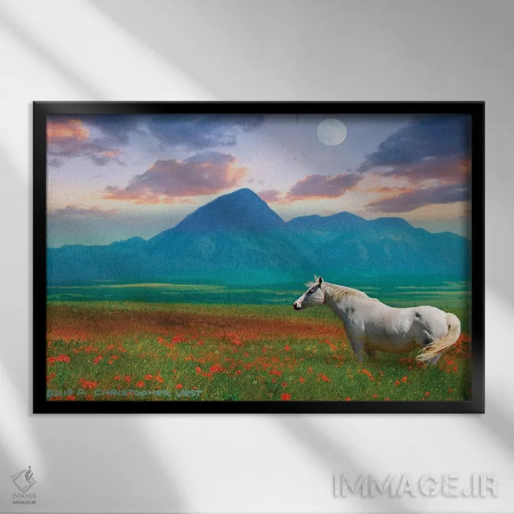 تابلو اسب در میان گلها II اثر کریستوفر وست - نمای قابدار مشکی