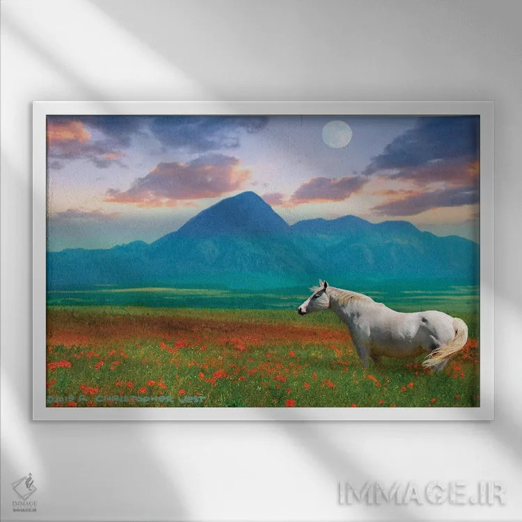 تابلو اسب در میان گلها II اثر کریستوفر وست - نمای قابدار سفید