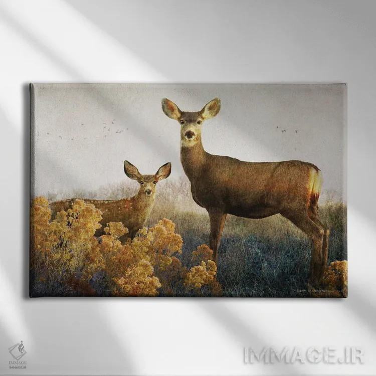 تابلو آهو و بچه آهو اثر کریستوفر وست - نمای روبهرو روی دیوار