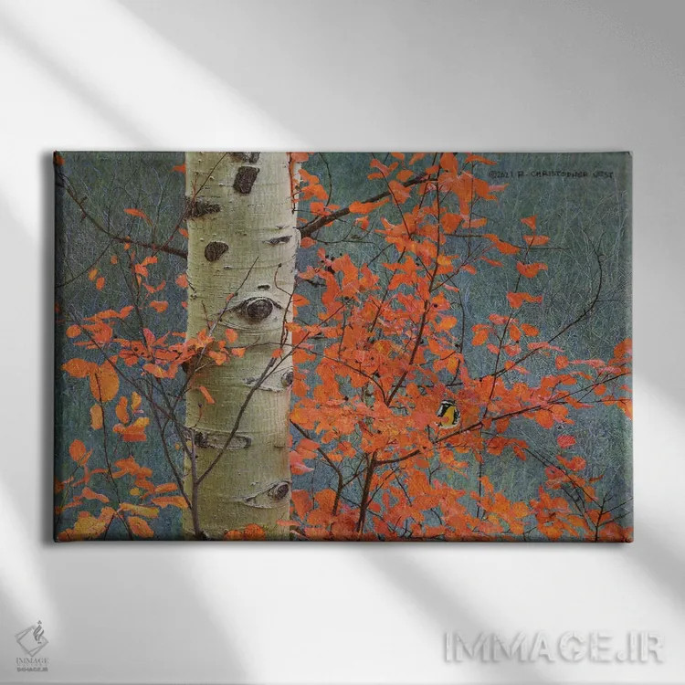 تابلو برگهای قرمز بر خاکستری اثر کریستوفر وست - نمای روبهرو روی دیوار