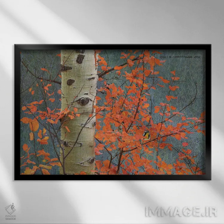 تابلو برگهای قرمز بر خاکستری اثر کریستوفر وست - نمای قابدار مشکی