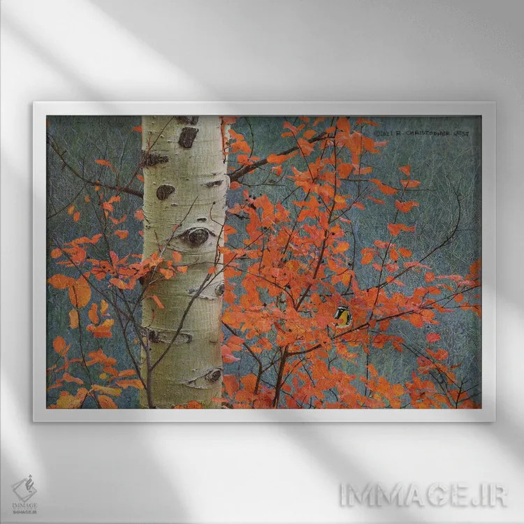 تابلو برگهای قرمز بر خاکستری اثر کریستوفر وست - نمای قابدار سفید