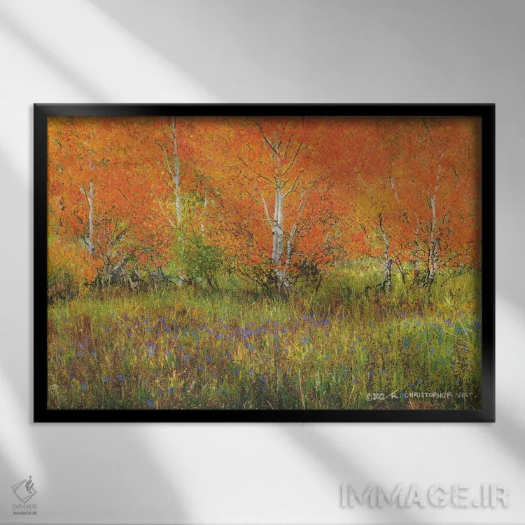 تابلو سپیدارهای نارنجی اثر کریستوفر وست - نمای قابدار مشکی