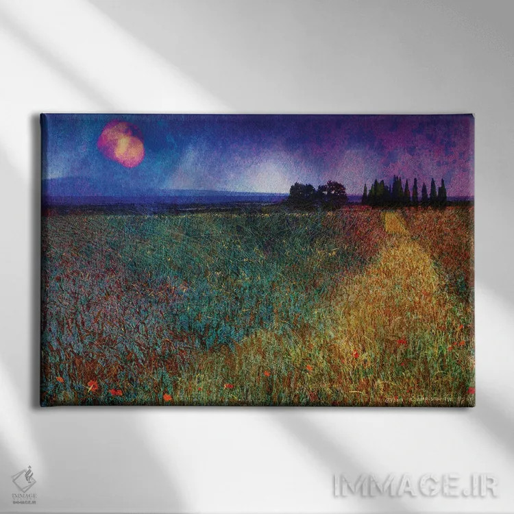 تابلو مزرعهٔ گندم و درختان اثر کریستوفر وست - نمای روبهرو روی دیوار