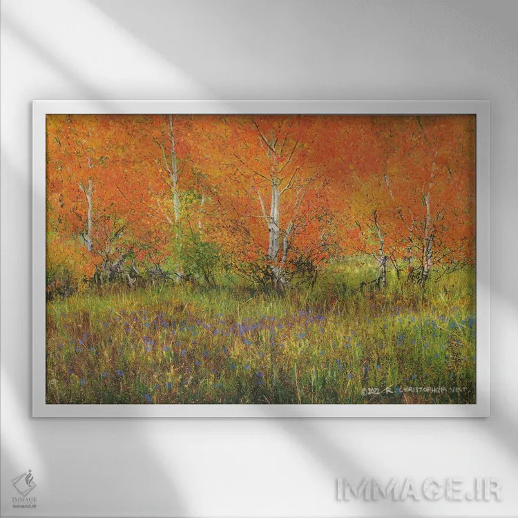 تابلو سپیدارهای نارنجی اثر کریستوفر وست - نمای قابدار سفید