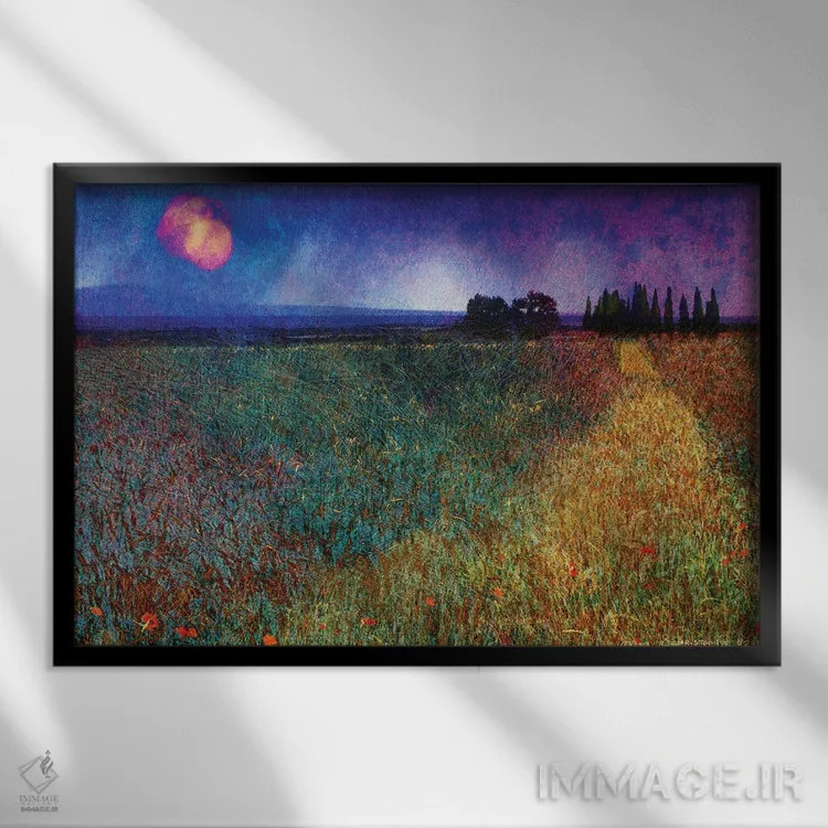 تابلو مزرعهٔ گندم و درختان اثر کریستوفر وست - نمای قابدار مشکی