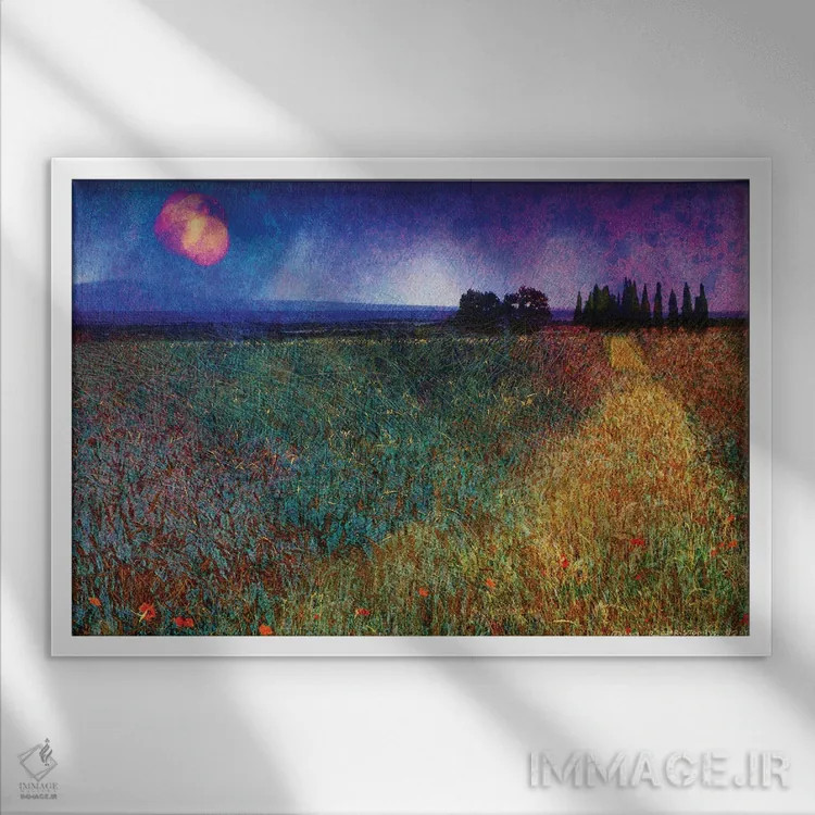 تابلو مزرعهٔ گندم و درختان اثر کریستوفر وست - نمای قابدار سفید