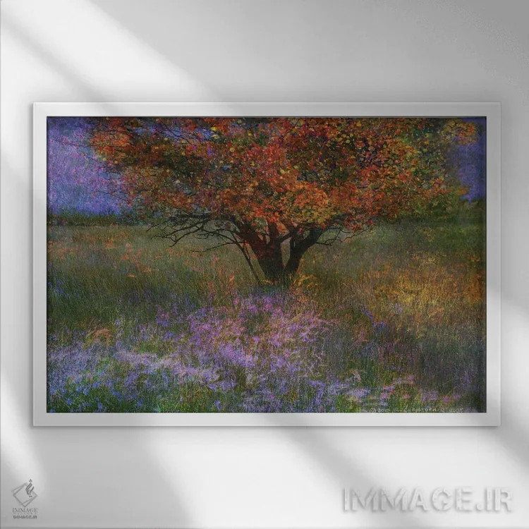 تابلو چمنزار پرگل با تکدرخت اثر کریستوفر وست - نمای قابدار سفید