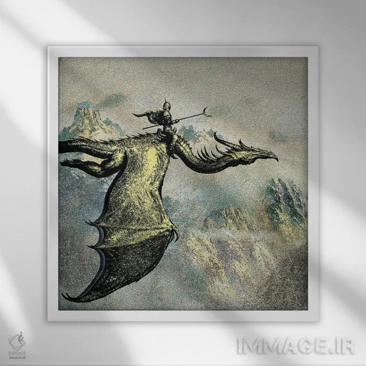 تابلو شوالیه سوار بر اژدها اثر سیروئلو - نمای قابدار سفید