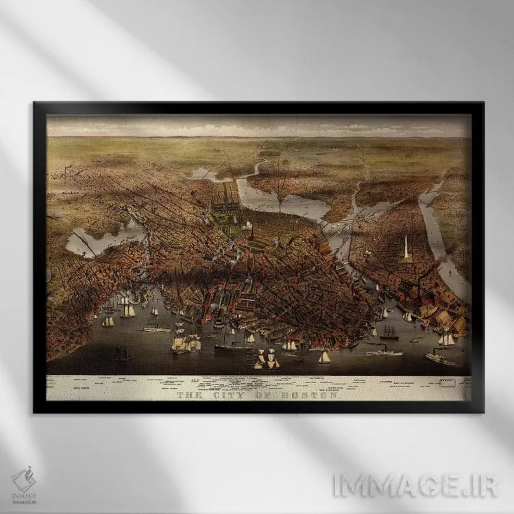تابلو 1873,نقشه بوستون، ۱۸۷۳ اثر کاریه و آیووز (استودیو لیتوگرافی تاریخی آمریکا) - نمای قابدار مشکی