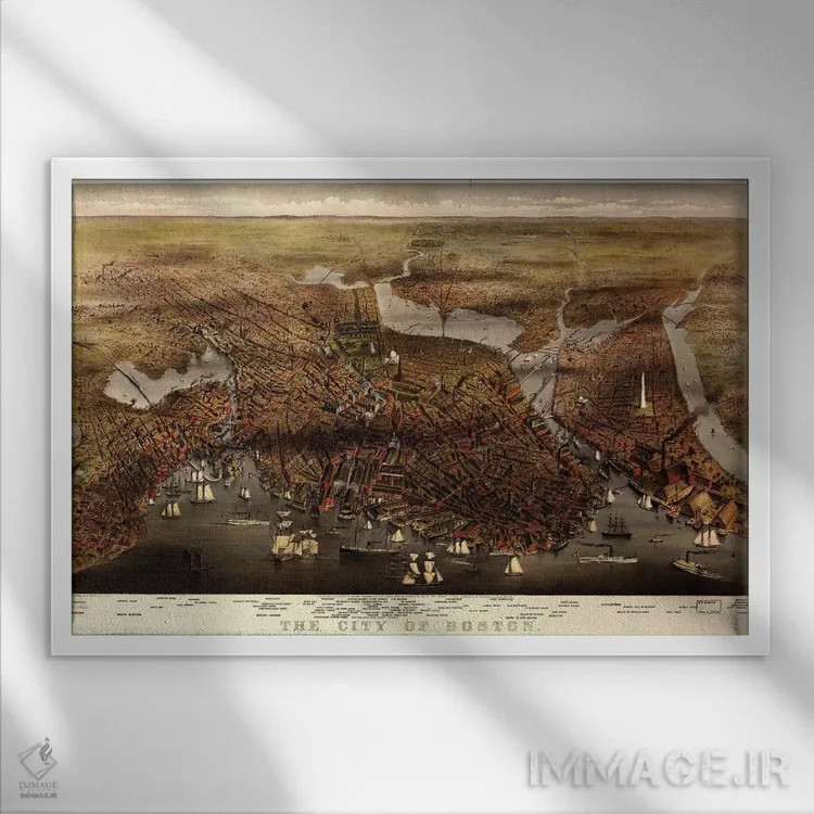 تابلو 1873,نقشه بوستون، ۱۸۷۳ اثر کاریه و آیووز (استودیو لیتوگرافی تاریخی آمریکا) - نمای قابدار سفید