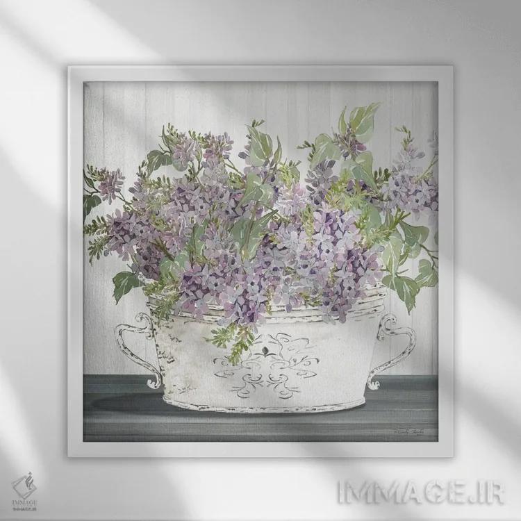 تابلو یاس بنفش در گلدان گالوانیزه اثر سیندی جیکوبز - نمای قابدار سفید