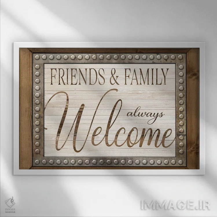 تابلو دوستان و خانواده همیشه خوشآمدند اثر سیندی جیکوبز - نمای قابدار سفید